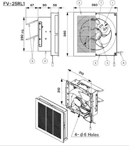 Bản vẽ kỹ thuật quạt hút dân dụng FV-25RL1 Panasonic
