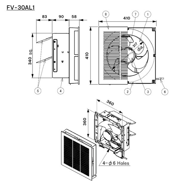 Bản vẽ kích thước quạt thông gió Panasonic FV30AL1