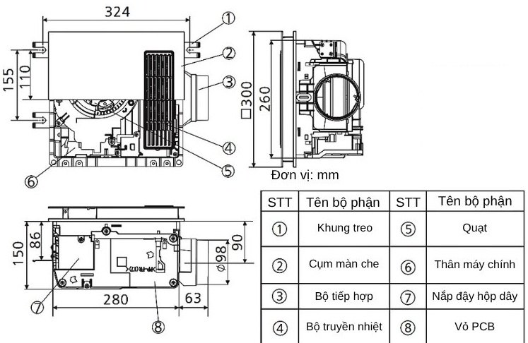 Bản vẽ kích thước quạt thông gió sưởi Panasonic FV30BZ1
