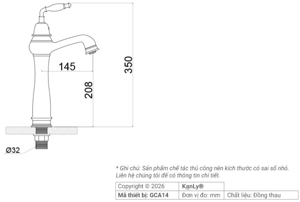 Bản vẽ kích thước vòi lavabo Kanly GCA14