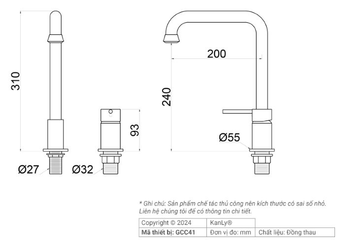 Bản vẽ kích thước vòi lavabo Kanly GCC41 cổ điển