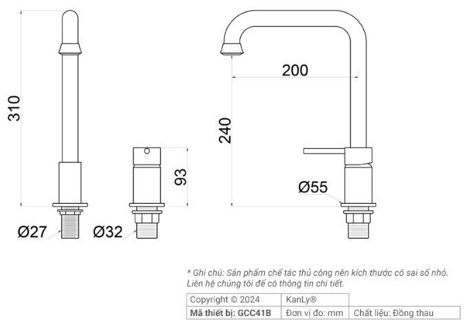 Bản vẽ kích thước vòi lavabo Kanly GCC41B màu đen