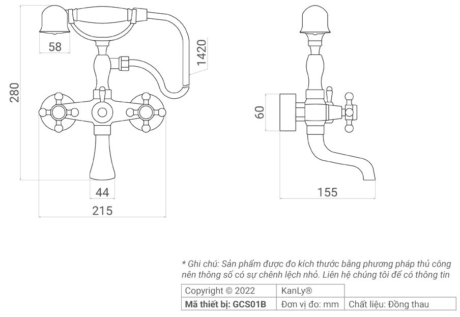 Bản vẽ kỹ thuật sen tắm gắn tường màu đen Kanly GCS01B