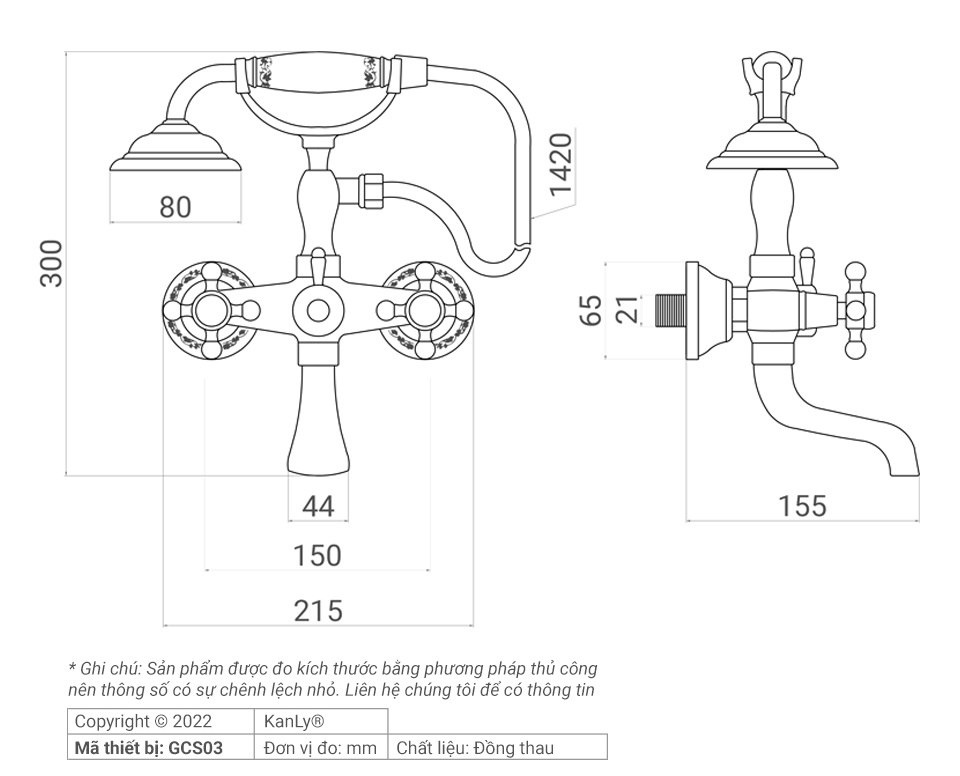 Bản vẽ kích thước vòi hoa sen Kanly GCS03 giả cổ