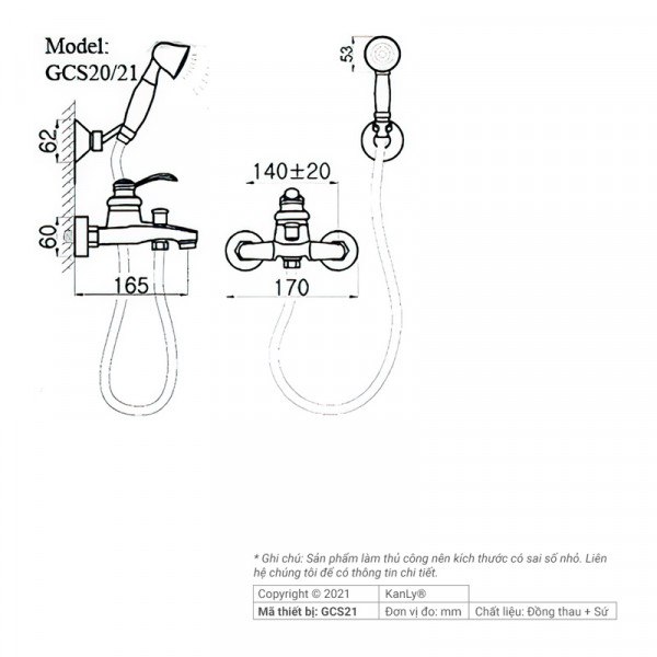 Bản vẽ kích thước vòi sen GCS20