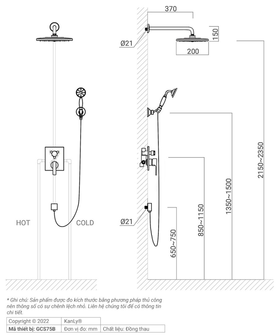Bản vẽ kích thước sen tắm Kanly GCS75B đồng thau màu đen