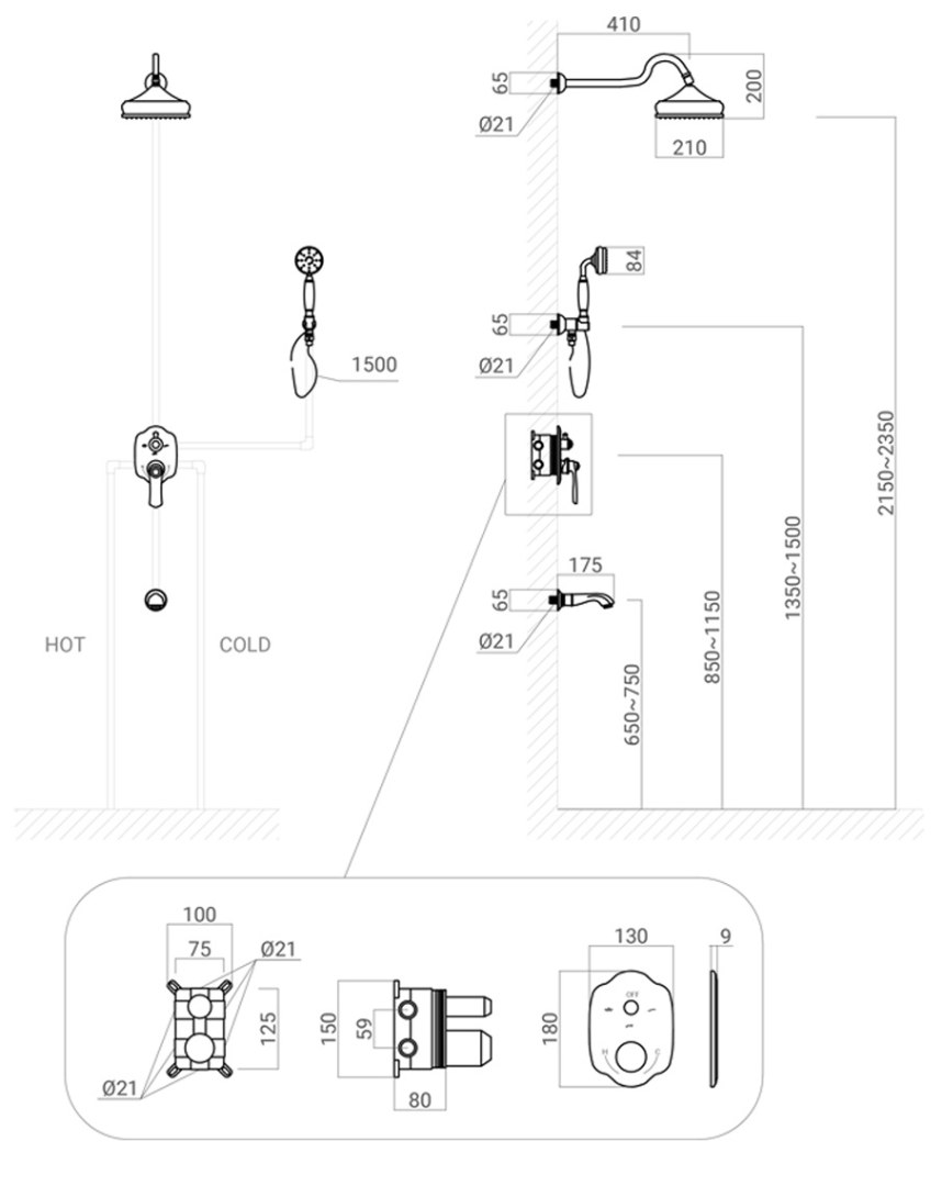 Bản vẽ kỹ thuật sen tắm âm tường Kanly GCS78B Nóng Lạnh Màu Đen