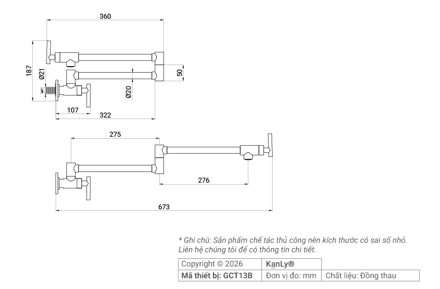 Bản vẽ kích thước vòi nước lạnh Kanly GCT13B gắn tường