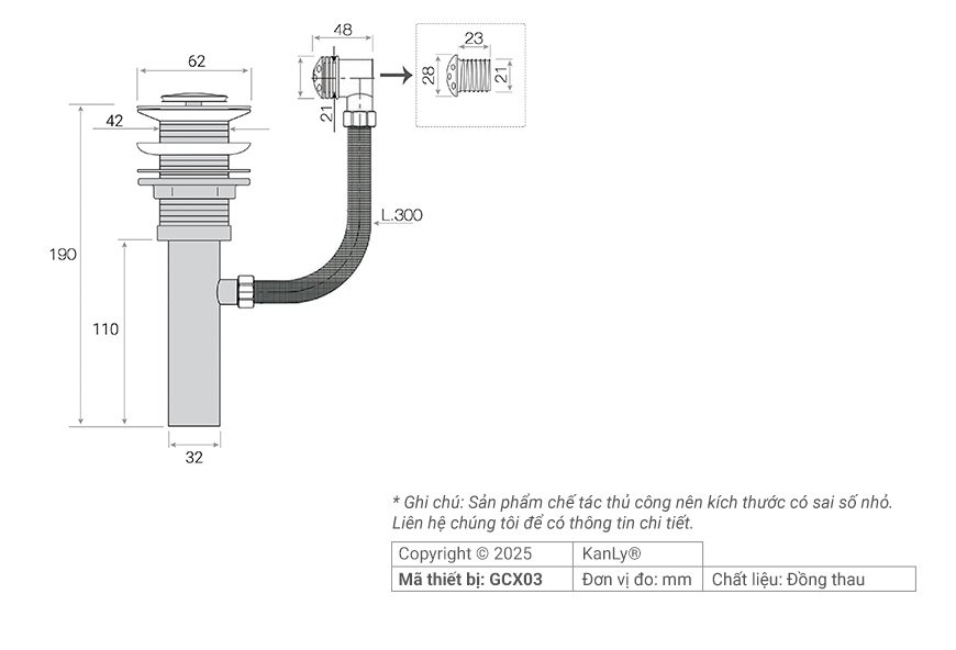 Bản vẽ kích thước đầu xả lavabo Kanly GCX03