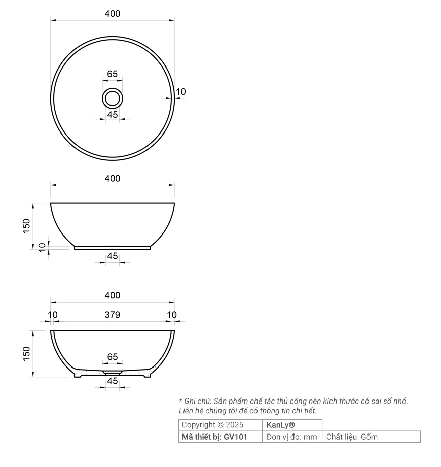Bản vẽ kích thước chậu lavabo Kanly GV101
