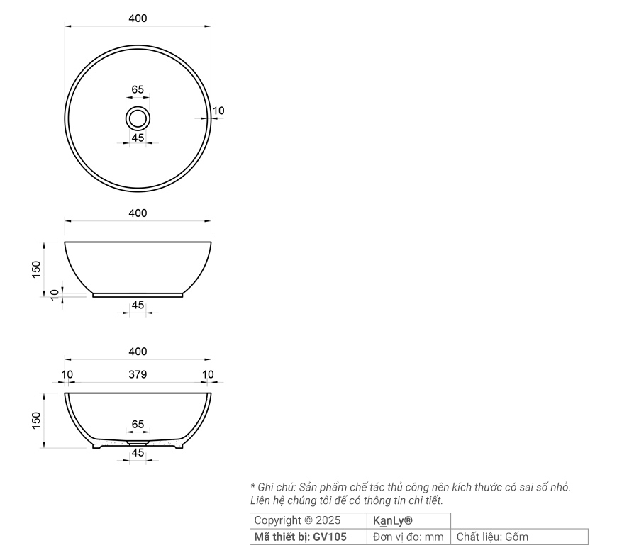 Bản vẽ kích thước chậu lavabo Kanly GV105