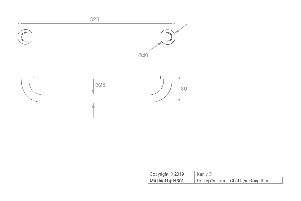 Bản vẽ kích thước thanh vịn Kanly HB01