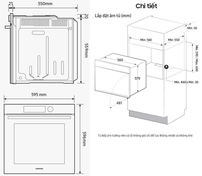 Bản vẽ kỹ thuật lò nướng Samsung NV7B6675CAA/SV lắp âm