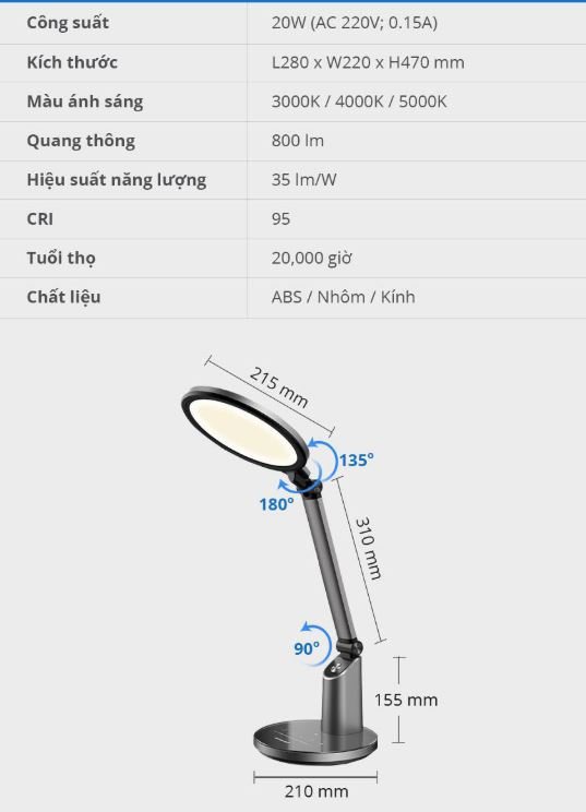 Thông số đen led để bàn HHGLT063319