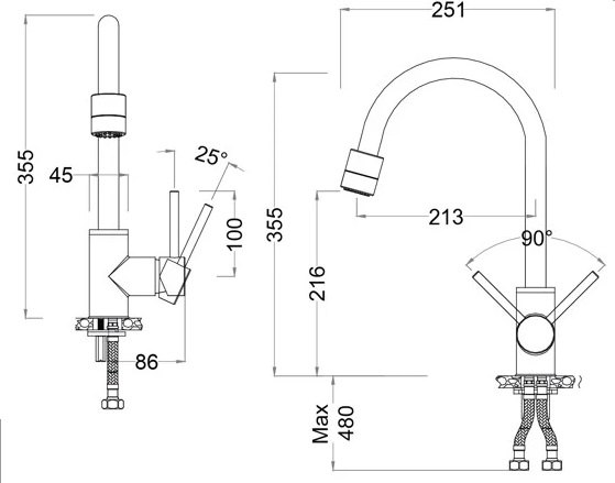 Bản vẽ kích thước vòi rửa bát Caesar K 325C