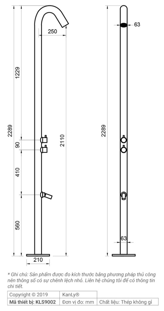 Bản vẽ kích thước vòi tắm đứng Kanly KLS9002