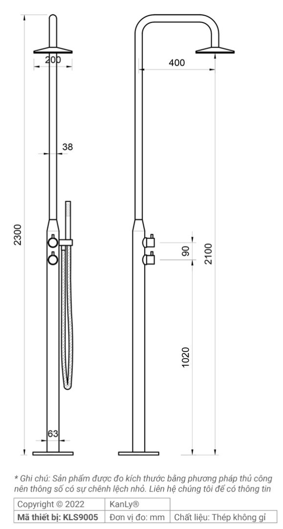 Bản vẽ kỹ thuật sen cây tắm đứng Kanly KLS9005 đặt sàn
