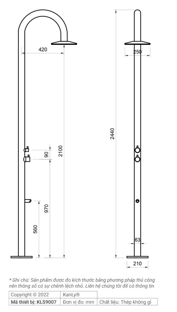 Bản vẽ kỹ thuật sen cây tắm đứng Kanly KLS9007 đặt sàn