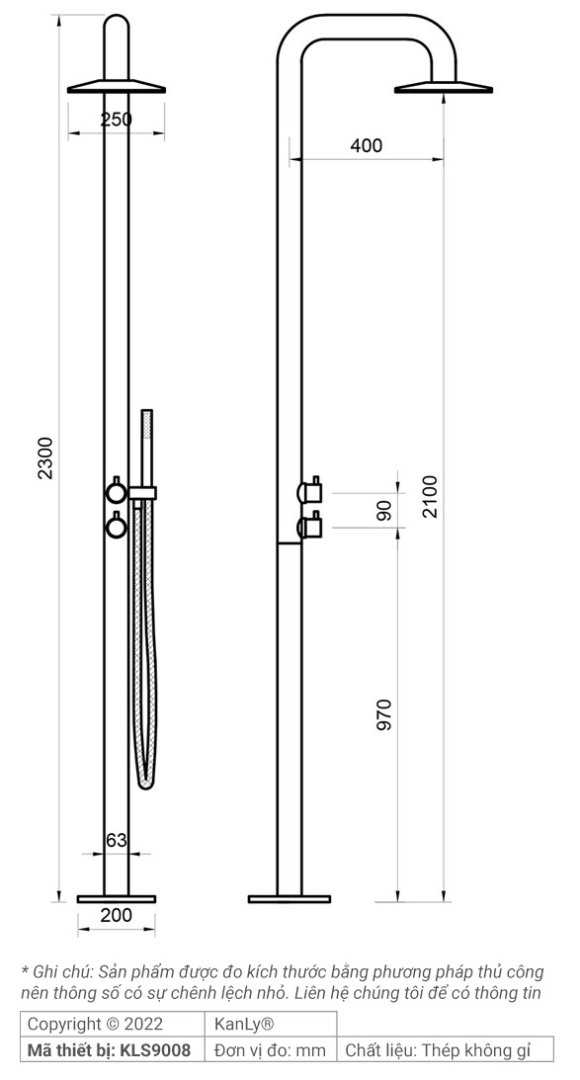 Bản vẽ kỹ thuật sen cây tắm đứng Kanly KLS9008 đặt sàn