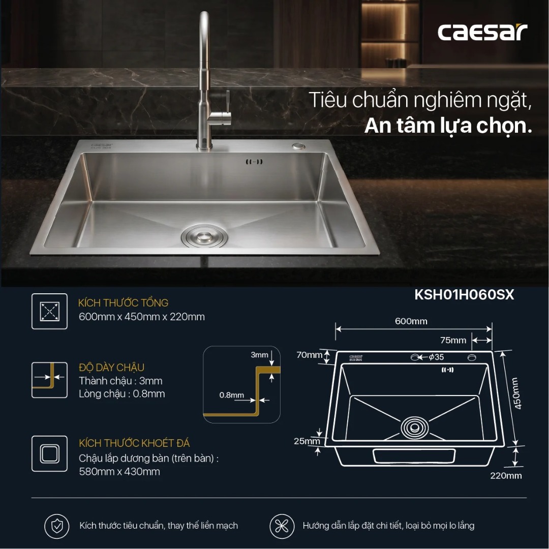 Bản vẽ kích thước chậu bếp KSH01H060SX CAESAR