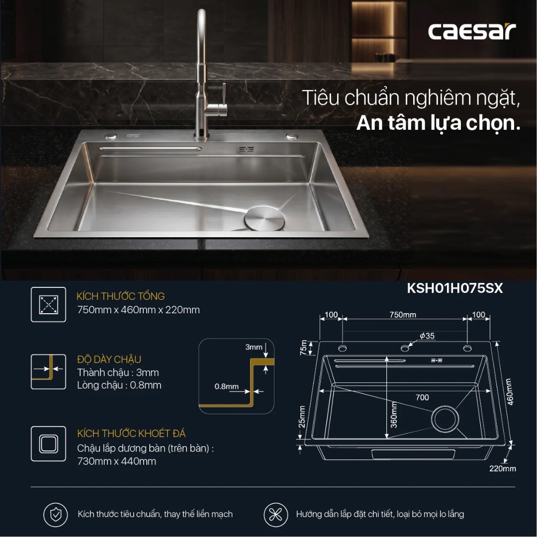 Bản vẽ chậu bếp inox KSH01H075SX CAESAR 750x460mm