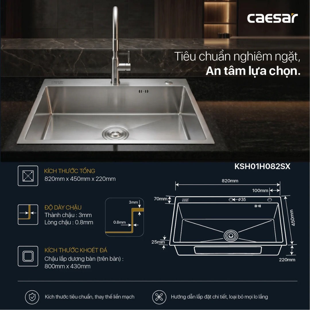 Bản vẽ kích thước chậu bếp inox KSH01H082SX CAESAR