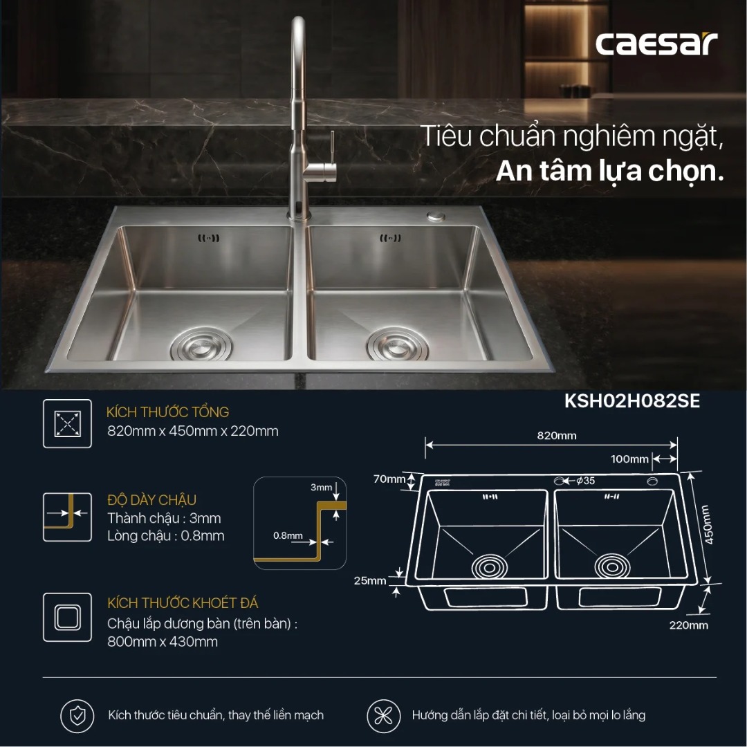 Bản vẽ chậu bếp inox KSH01H082SE CAESAR 820x450mm