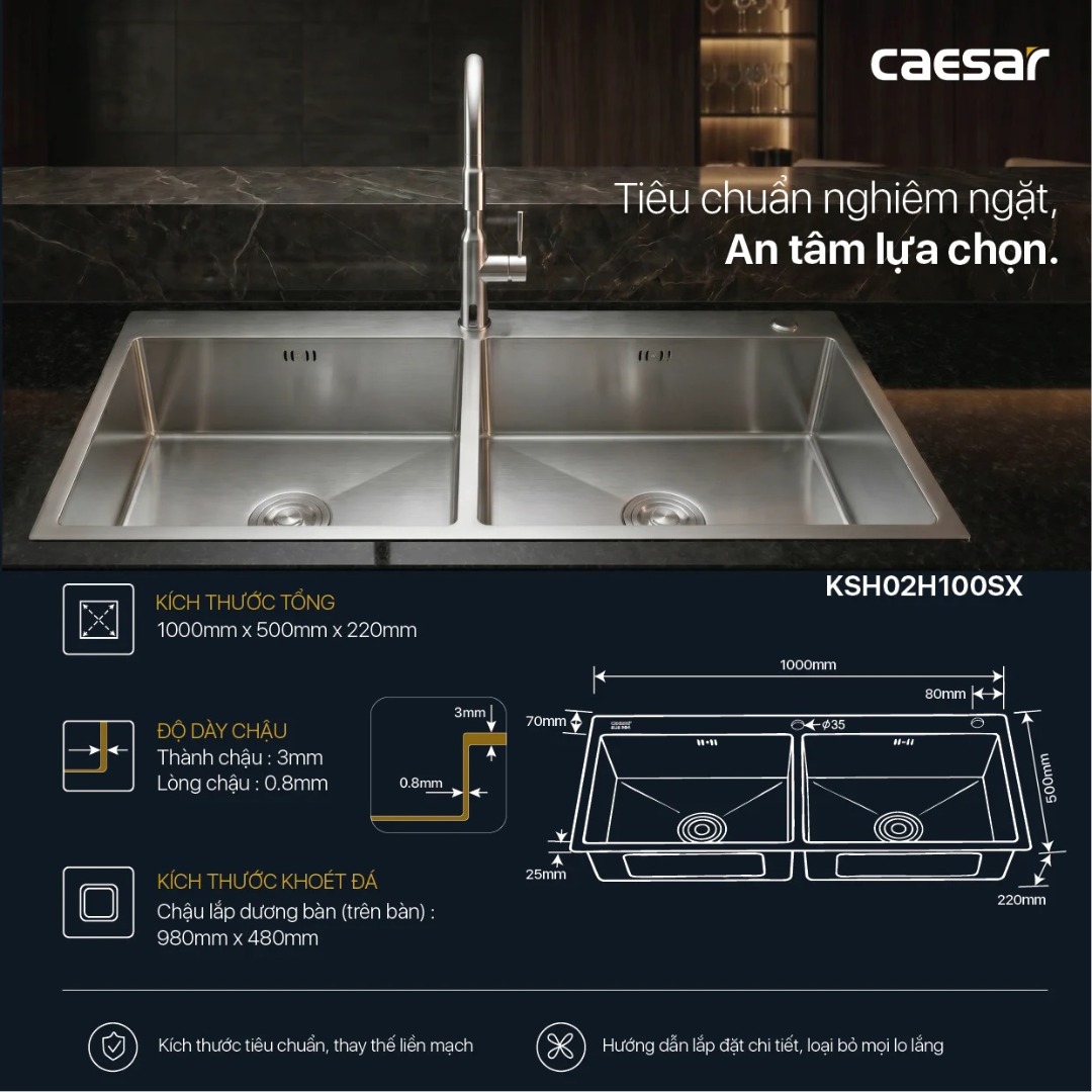 Bản vẽ kích thước chậu bếp KSH02H100SX CAESAR 2 hộc