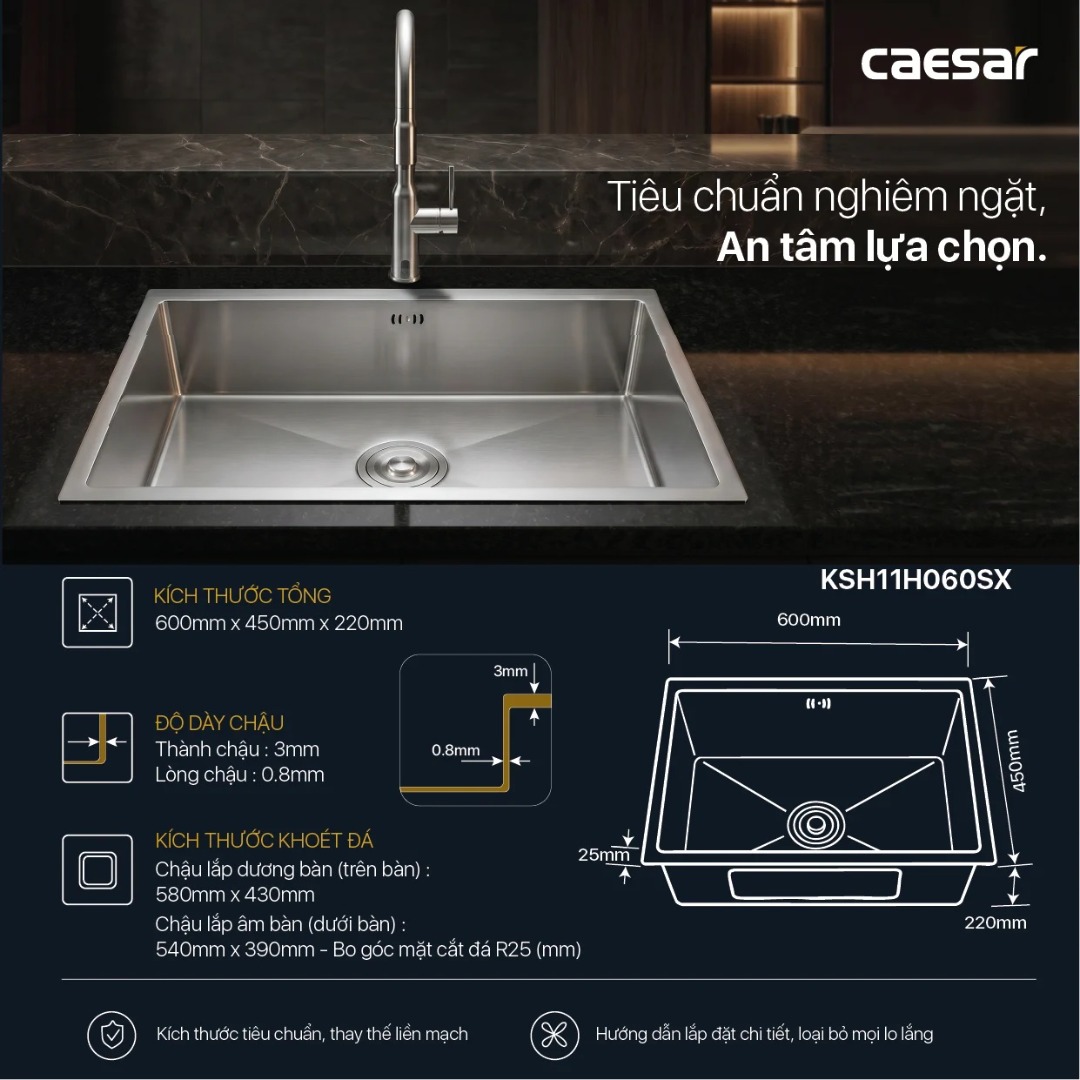 Bản vẽ chậu bếp inox KSH11H060SX CAESAR 600x450mm
