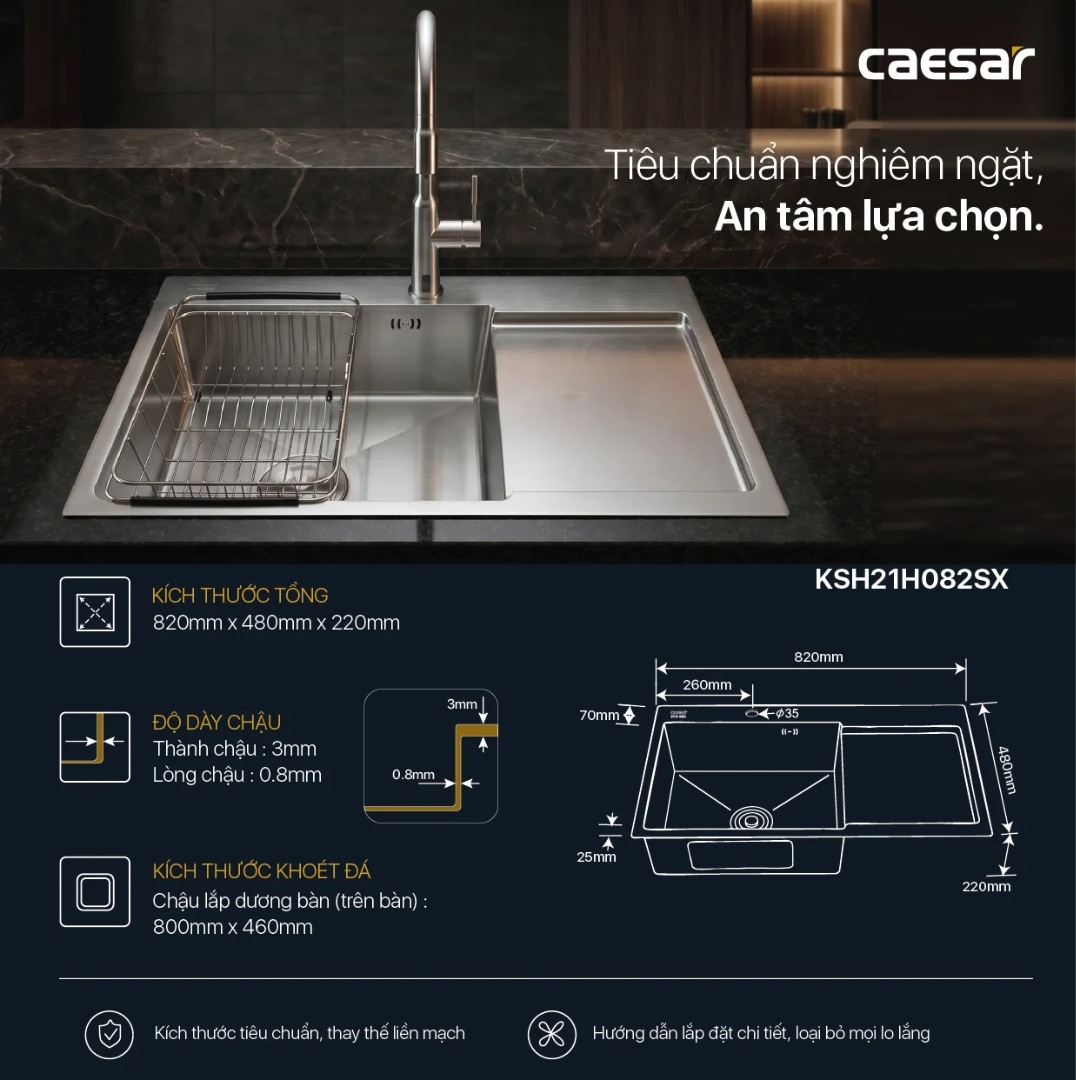 Bản vẽ kích thước chậu bếp inox KSH21H082SX CAESAR