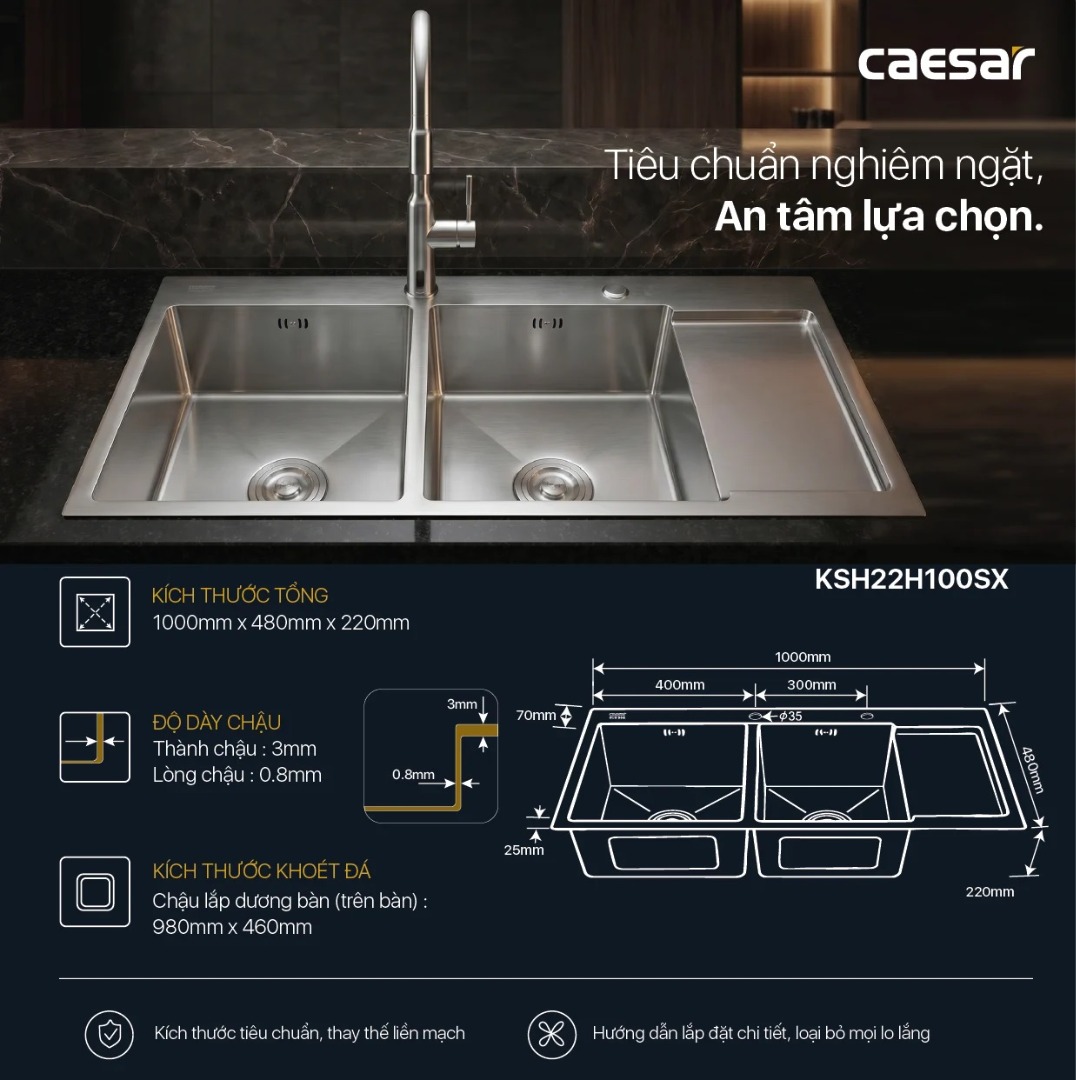 Bản vẽ kích thước chậu bếp inox KSH22H100SX 1000x480mm 