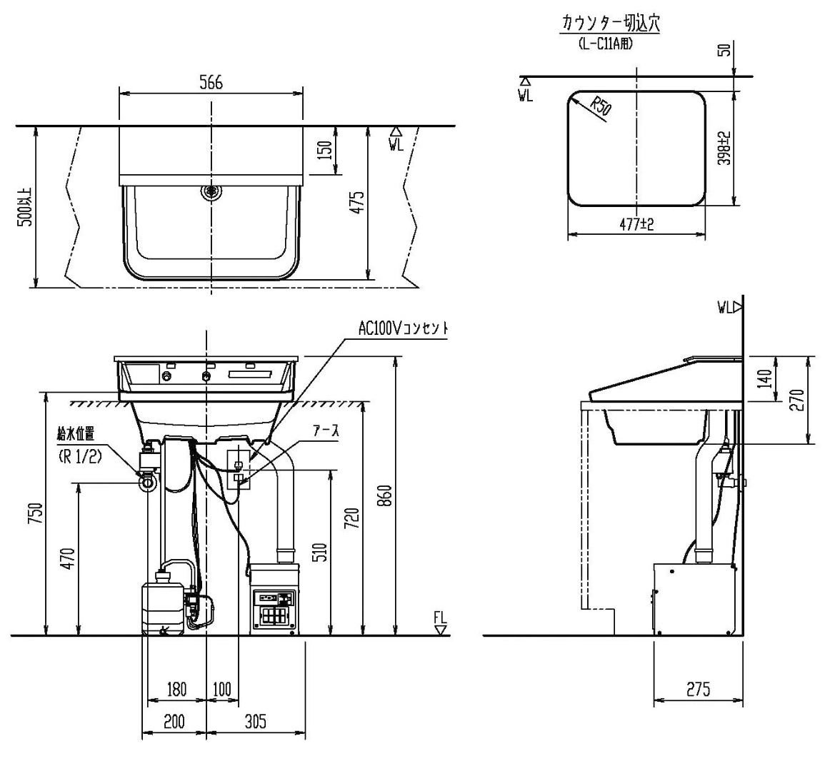 Bản vẽ kích thước lavabo tự động INAX L-C11A3-AS