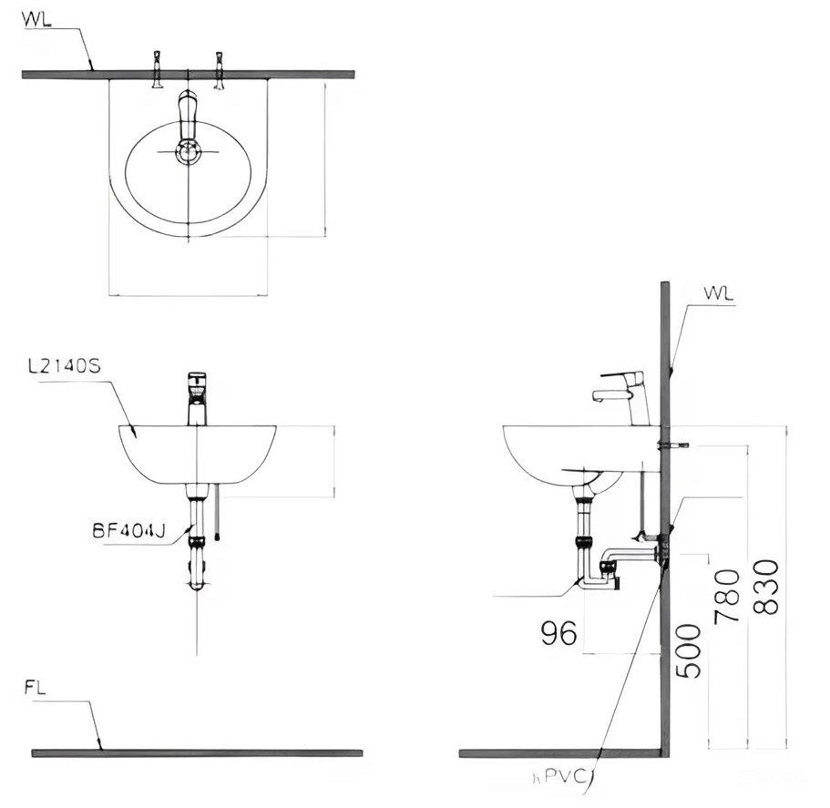 Bản vẽ kích thước chậu rửa mặt Caesar L 2140 chân đặt sàn P2445