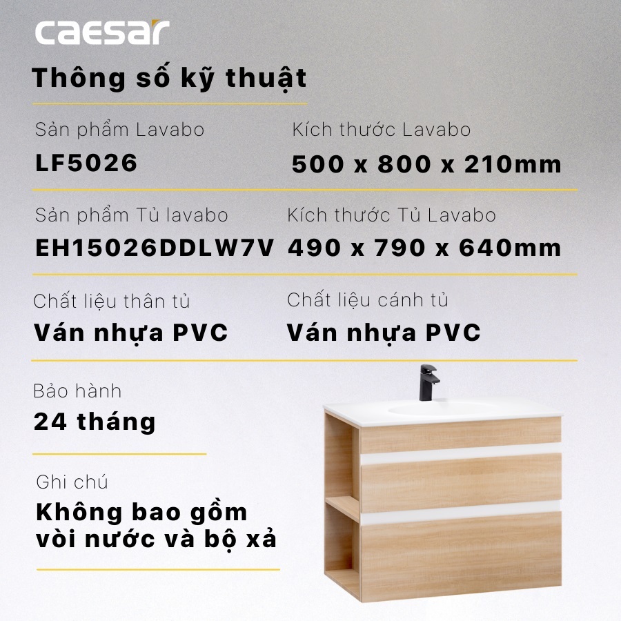 Kích thước tủ lavabo Caesar LF5026 EH15026DDLW7V