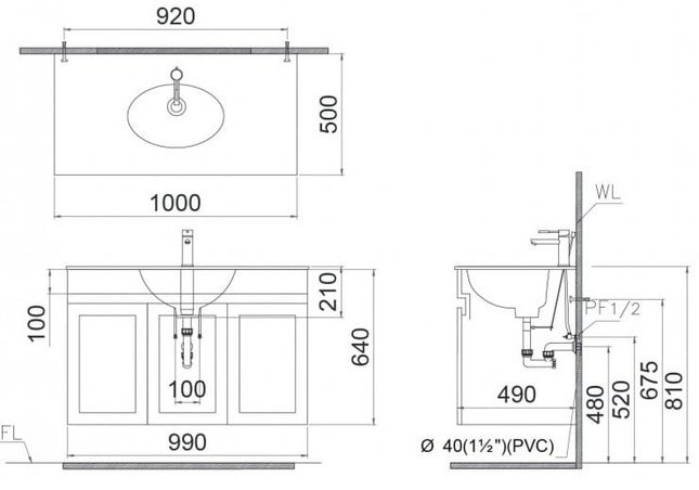 Bản vẽ kích thước Lavabo + Tủ treo LF5028 - EH05028ASV - Caesar