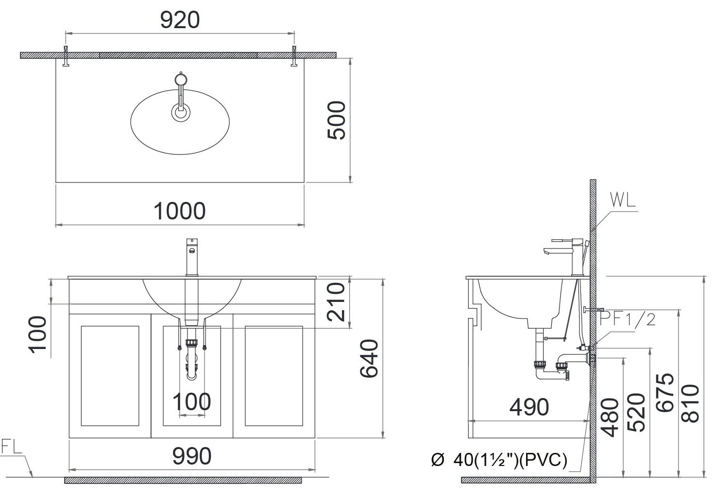 Bản vẽ kích thước chậu liền tủ Caesar LF5028 EH15028AV trắng