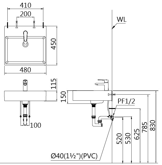 Bản vẽ kích thước lavabo đặt bàn Caesar L5263 chữ nhật