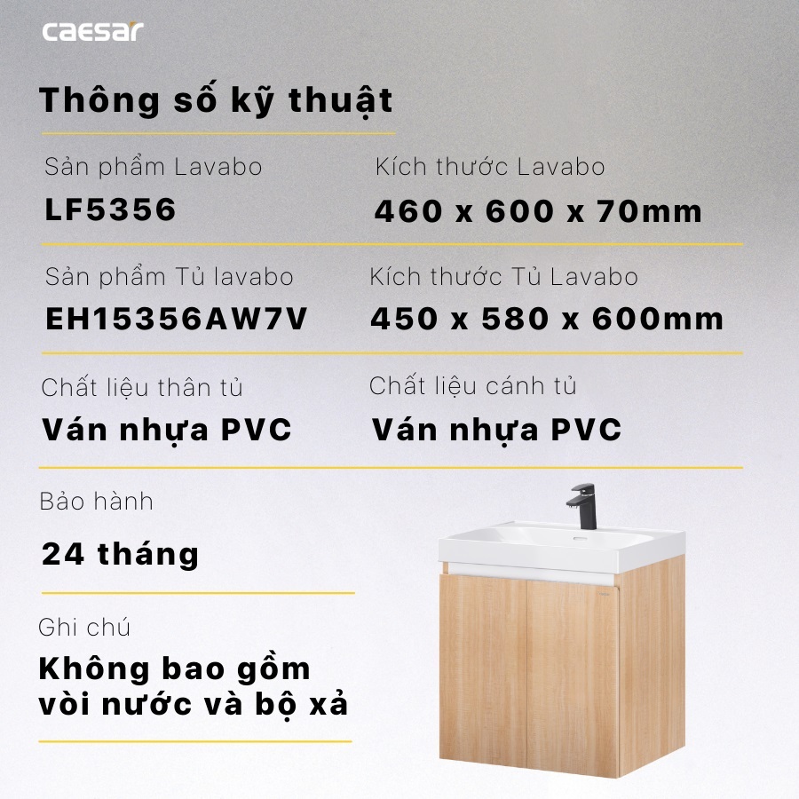 Thông số kỹ thuật lavabo LF5356-EH15356AW7V CAESAR