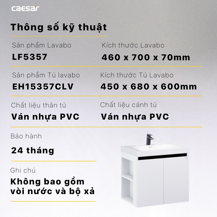 Thông số kỹ thuật lavabo LF5357-EH15357CLV CAESAR