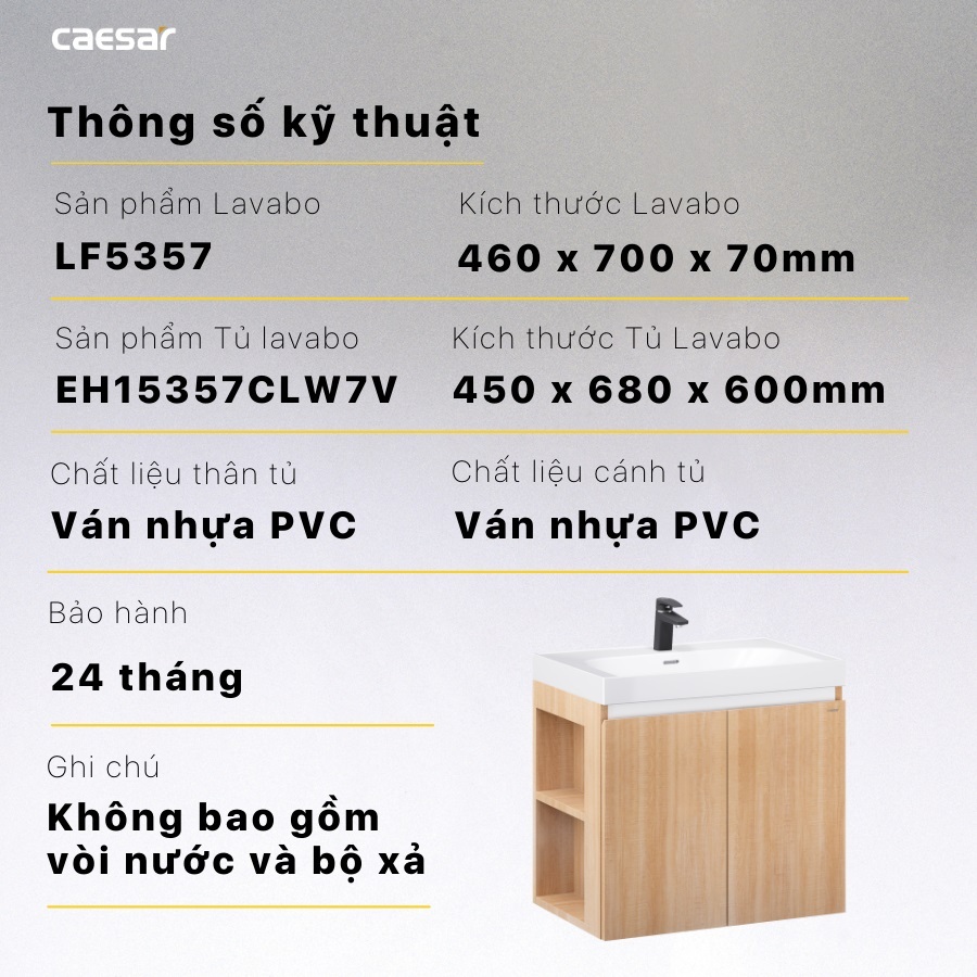 Thông số kỹ thuật lavabo LF5357-EH15357CLW7V CAESAR