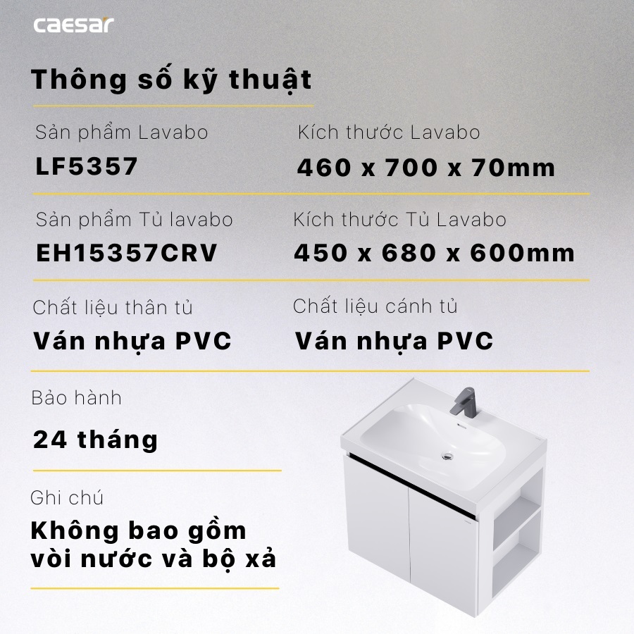 Thông số kỹ thuật lavabo LF5357 - EH15357CRV CAESAR