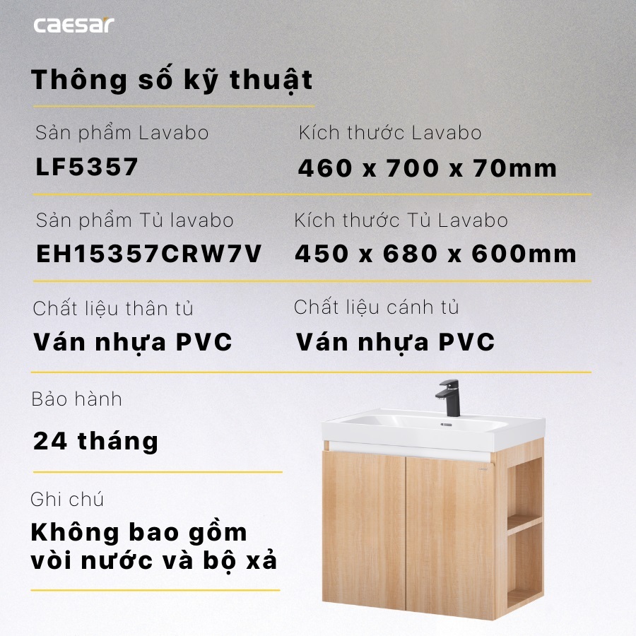 Thông số kỹ thuật lavabo LF5357-EH15357CRW7V CAESAR