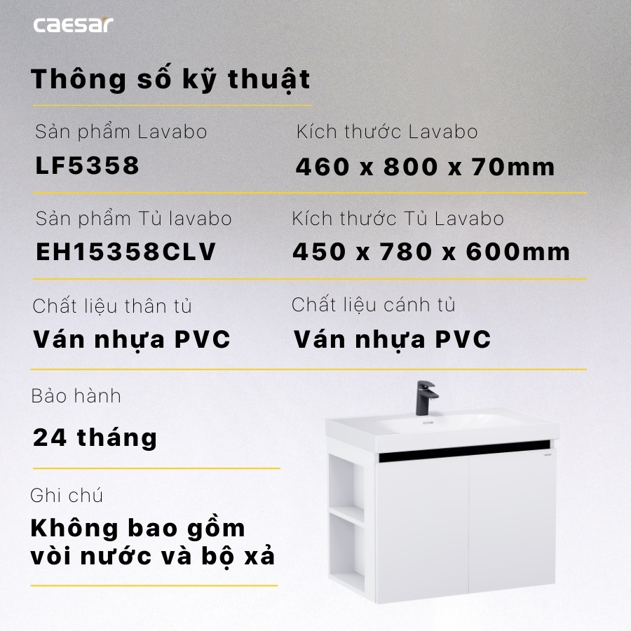 Thông số kỹ thuật lavabo LF5358-EH15358CLV CAESAR