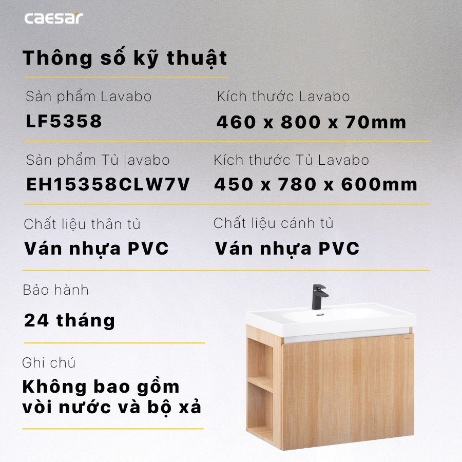 Thông số kỹ thuật lavabo LF5358-EH15358CLW7V CAESAR