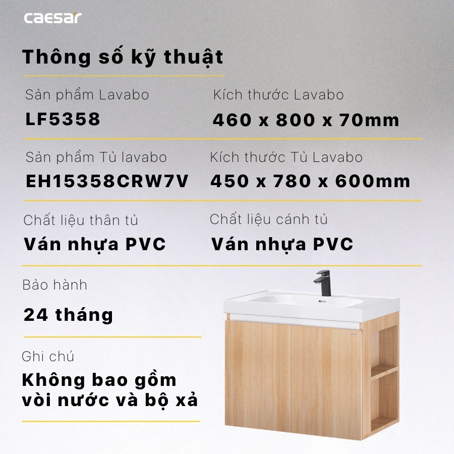 Thông số kỹ thuật lavabo LF5358 + EH15358CRW7V CAESAR