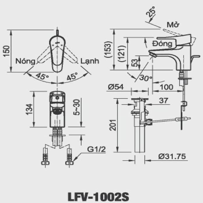 Bản vẽ kỹ thuật vòi lavabo inax LFV-1002S nóng lạnh