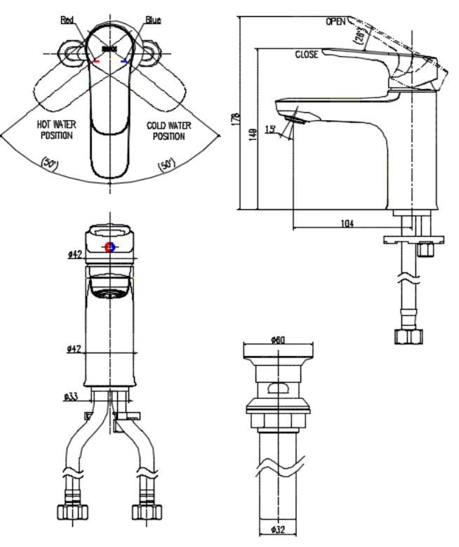 Bản vẽ kỹ thuật vòi lavabo nóng lạnh LFV 1402SR