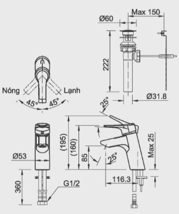 Bản vẽ kỹ thuật vòi lavabo nóng lạnh INAX LFV6012S