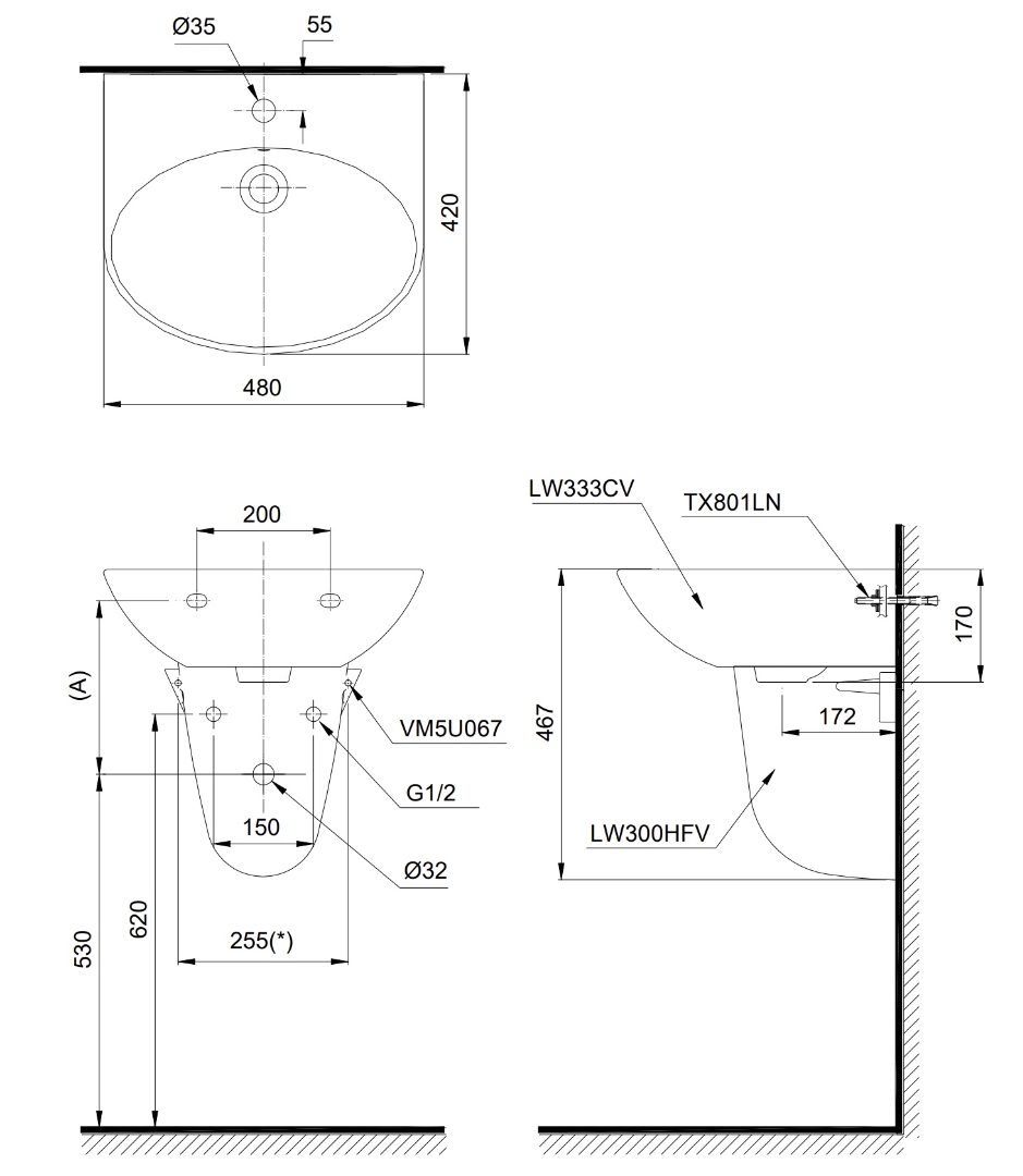 Bản vẽ kích thước lavabo treo tường Toto LHT333C