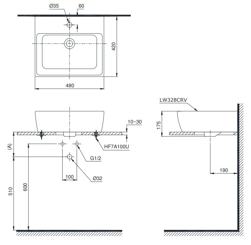 Bản vẽ bồn rửa mặt TOTO LT328CTR đặt bàn